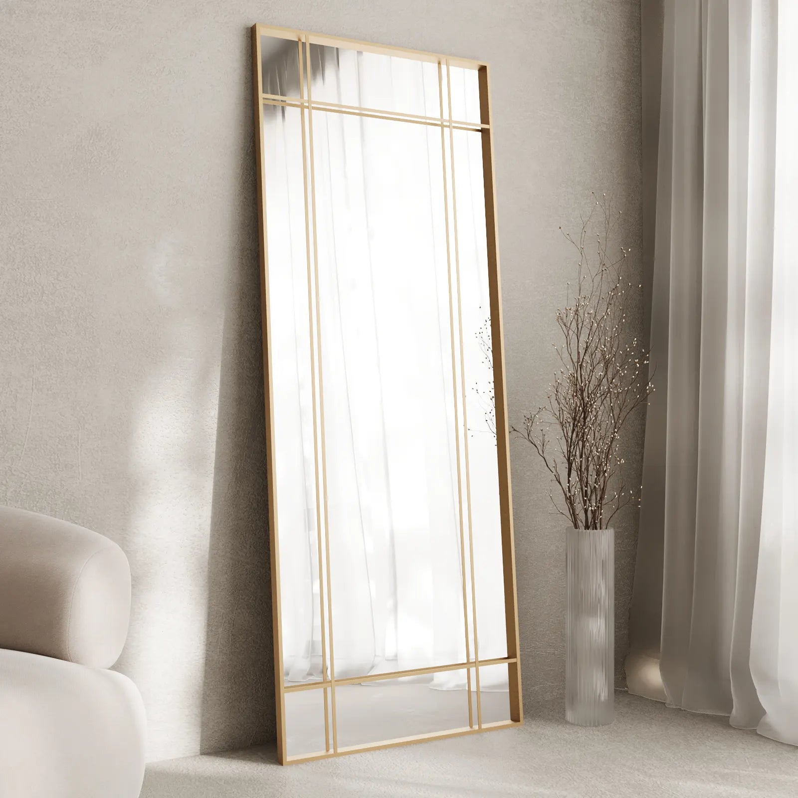 Glareon Matte Gold Window Rectangular Mirror